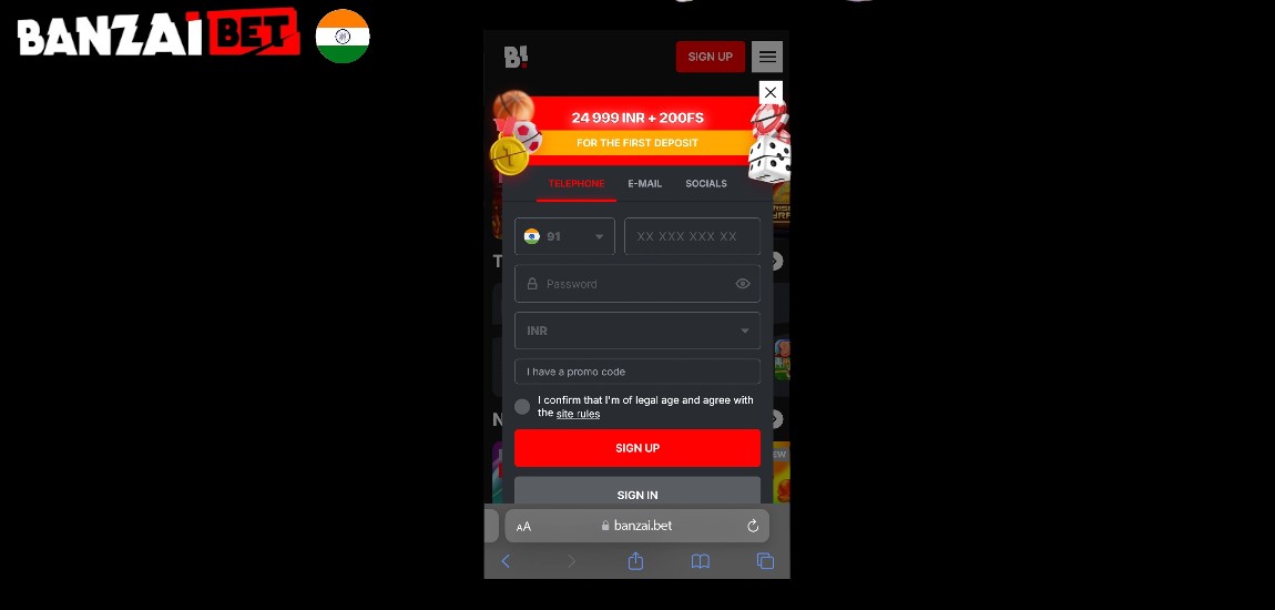 Registration in BanzaiBet mobile application